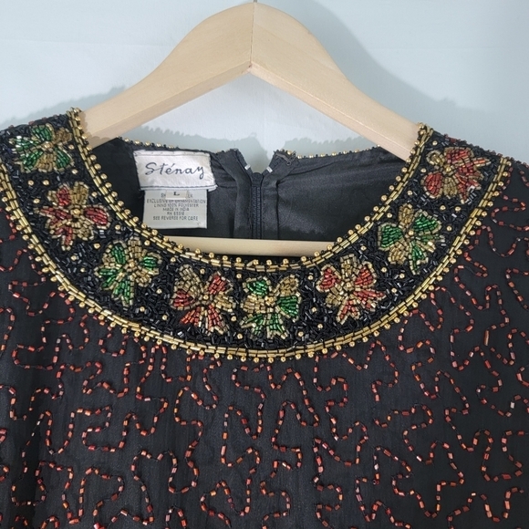 Stenay Black Multi Full Beaded 100% Silk Blouse Sz L Short Sleeve Holidays Lined - Picture 3 of 12